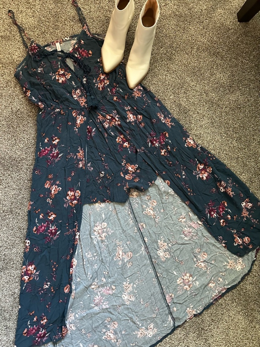 Floral Skort Maxi Dress Women’s Romper High Low Boho Tie Front Teal Burgundy L